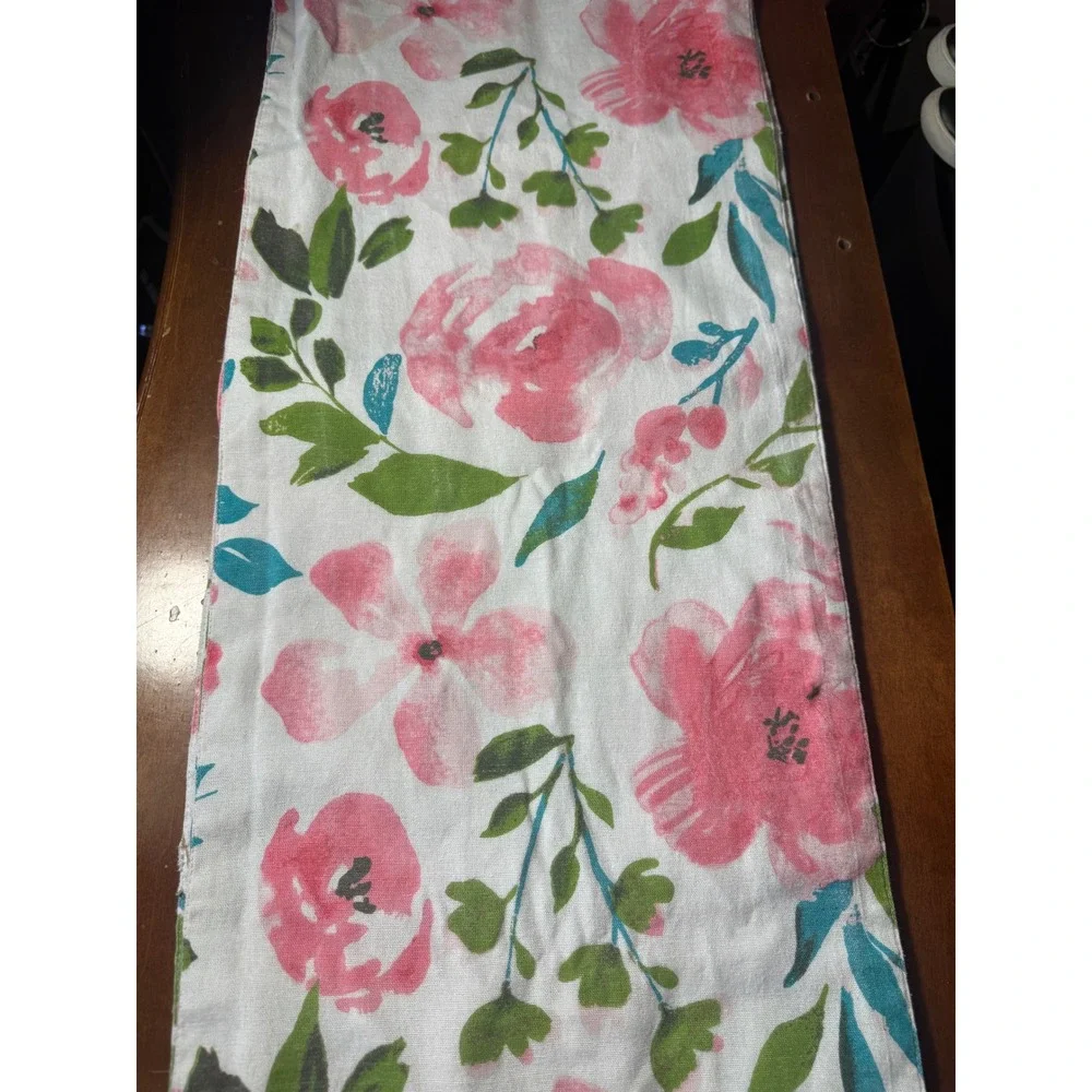 Floral Table Runner 68x13 Pink Green Watercolor Flower Tassels Cottagecore